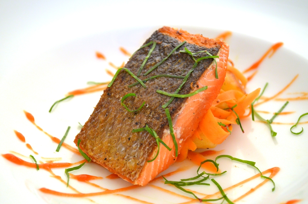Salmon with carrot gel and chive ribbons